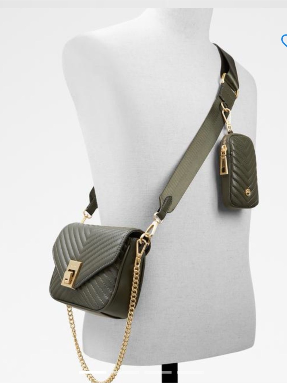 ALDO Olive Green Quilted Crossbody Bag with Coin Pouch & Gold Chain Strap